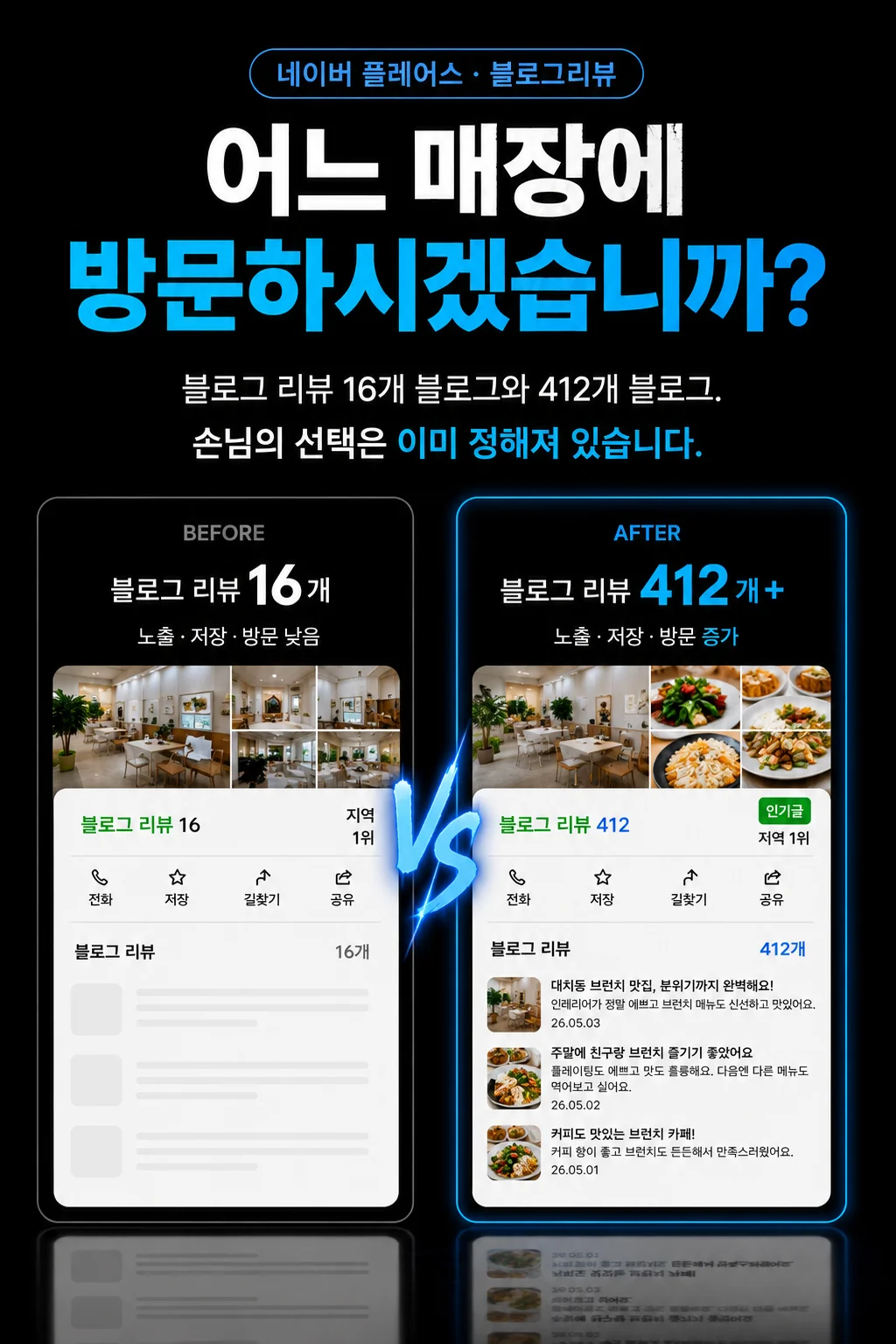 어느 매장에 방문하시겠습니까 - 블로그 리뷰 16개 vs 412개+