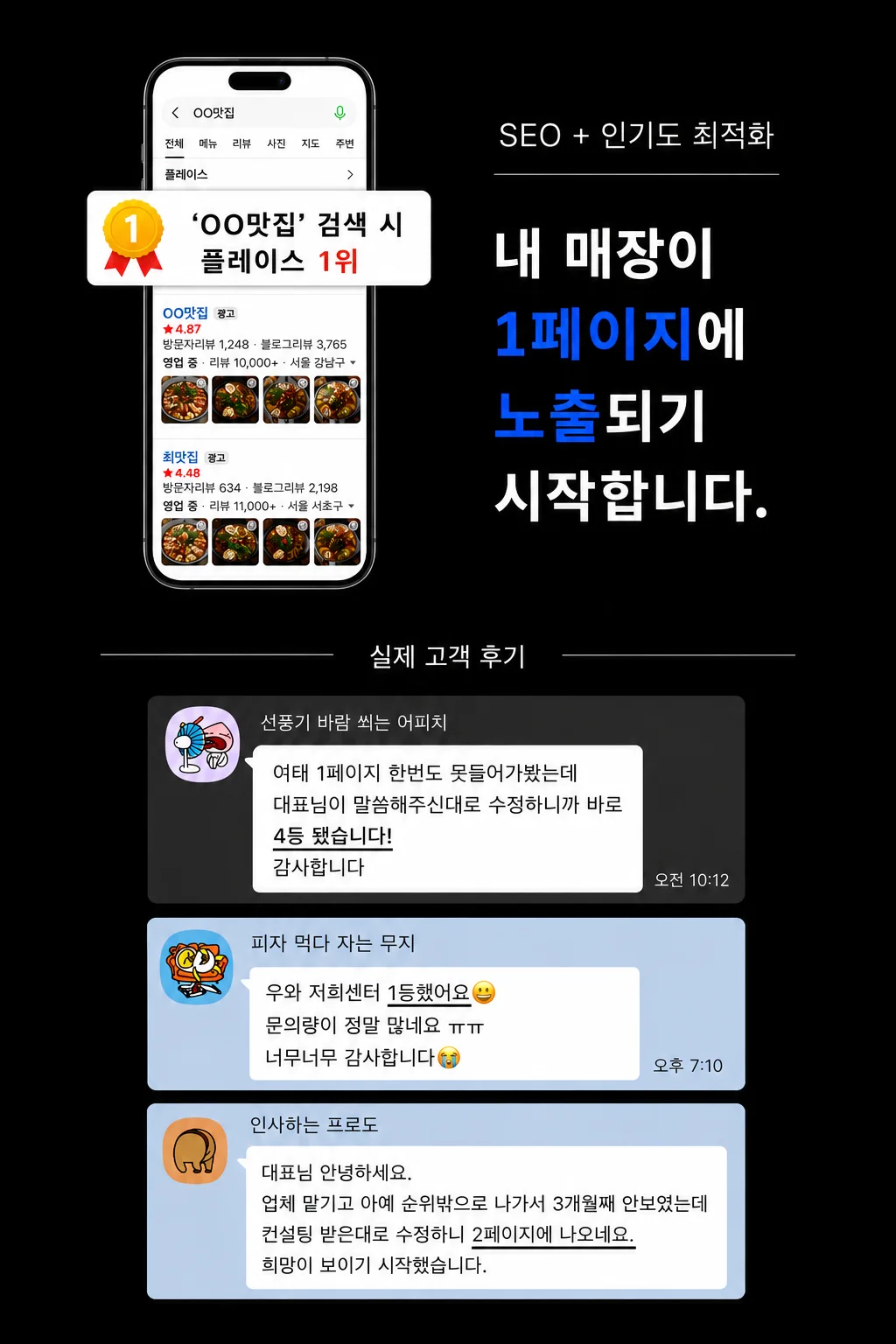 검색 시 플레이스 1위 노출 + 실제 고객 후기